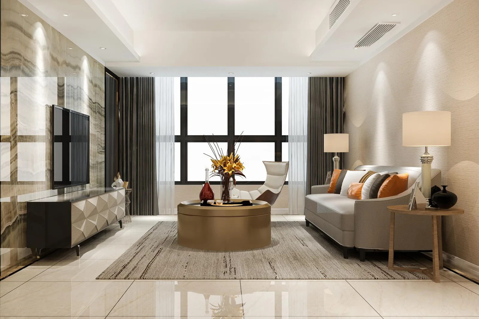 A hand-knotted rug anchoring a modern living room